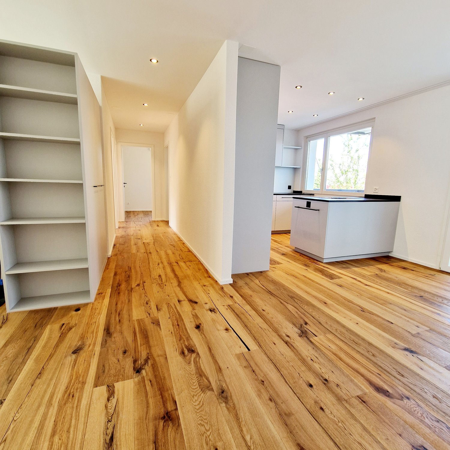 Hardwood floor, kitchen island, large window, hallway with closet