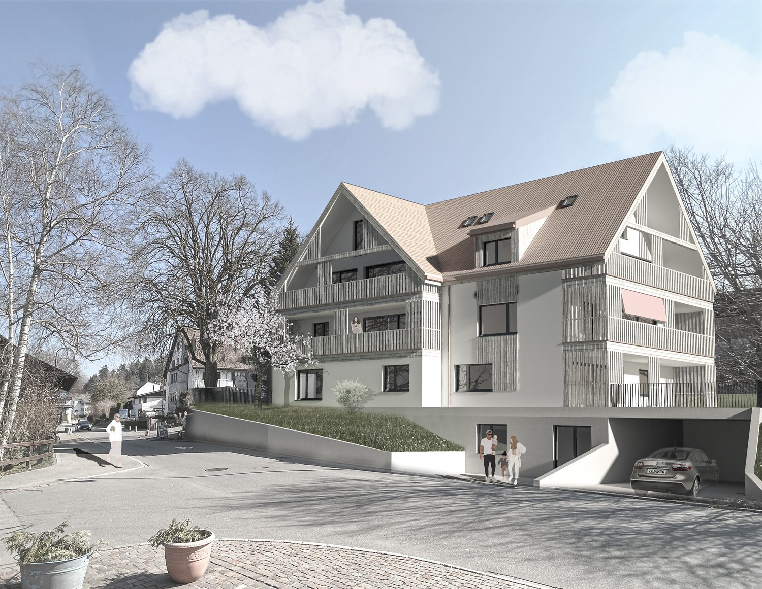 3-story apartment building with a modern, gabled roof design. The building has balconies on the upper floors and a parking area in front. The exterior features a mix of light and dark colors, with large windows providing natural light. The surrounding are