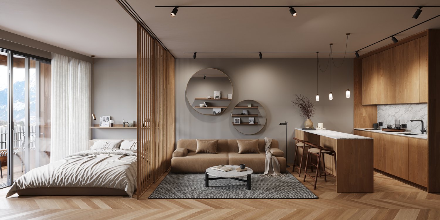 large bed, couch, kitchen island, shelves, dining table, window