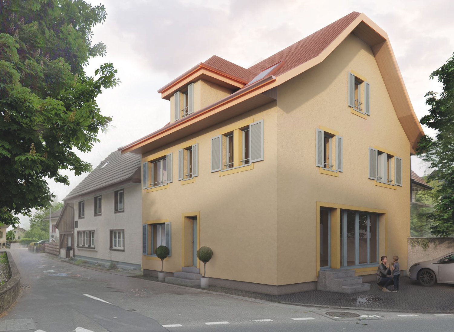 Two-story yellow house, brown roof, glass doors and windows, two shrubs, three cars parked
