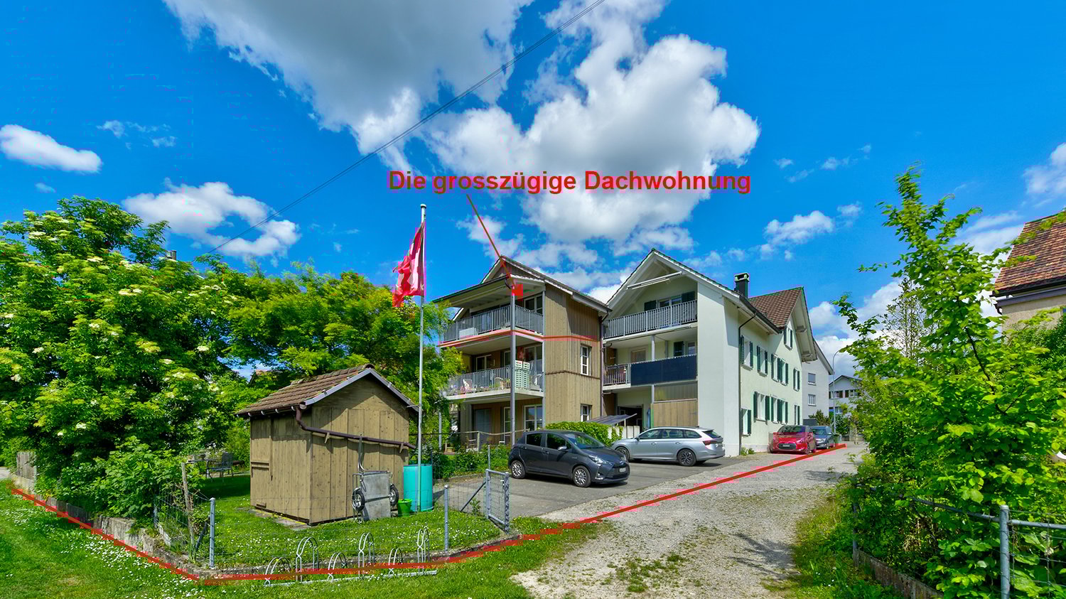 2 story house, red roof, balcony, parking in front