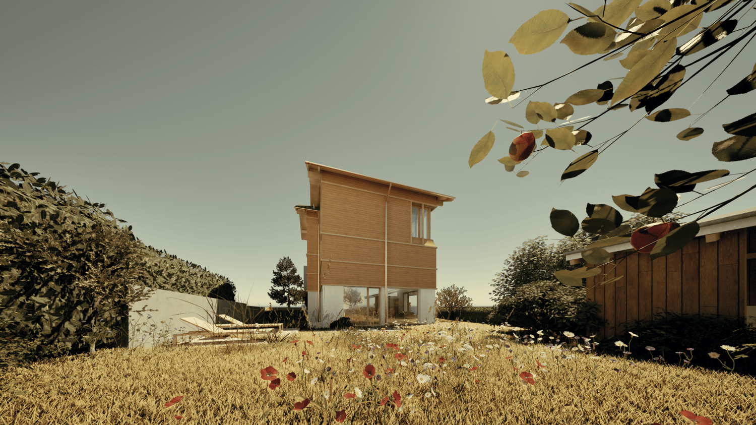 Two-story wooden house with large windows, surrounded by a field of wildflowers and trees. The house appears to be situated in a rural or natural setting with a scenic view.