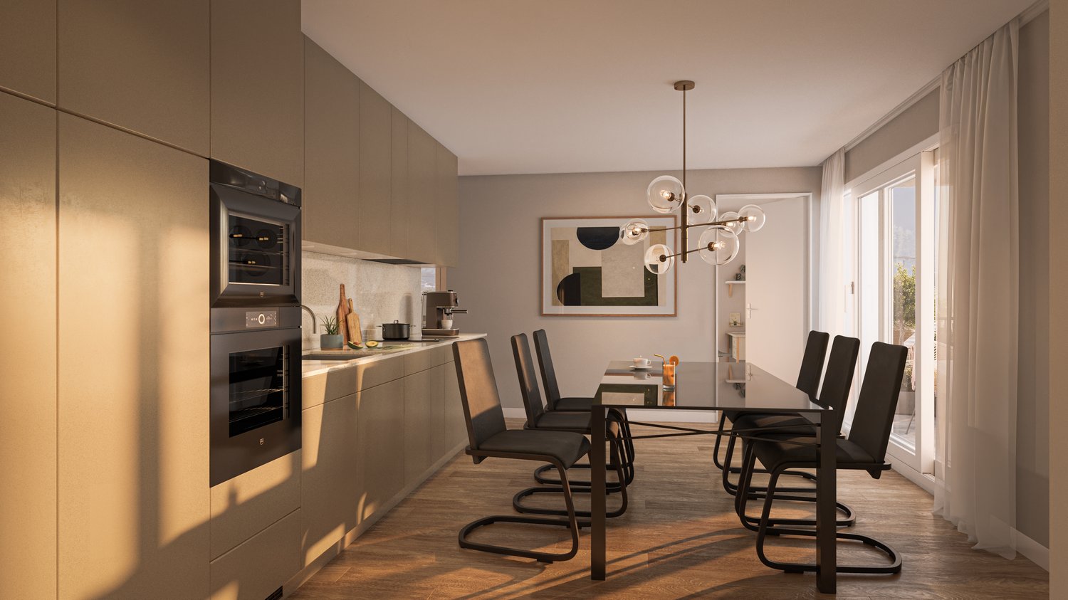 dining room with glass table and chairs, modern kitchen with oven and coffee machine, windows and open door