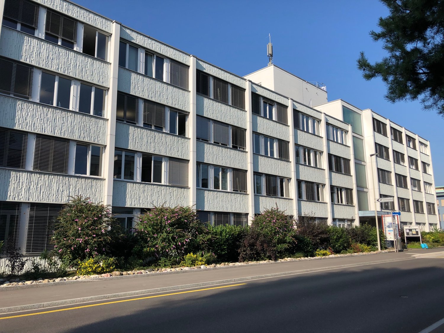 4 story apartment building, white walls, multiple windows, shrubs in front