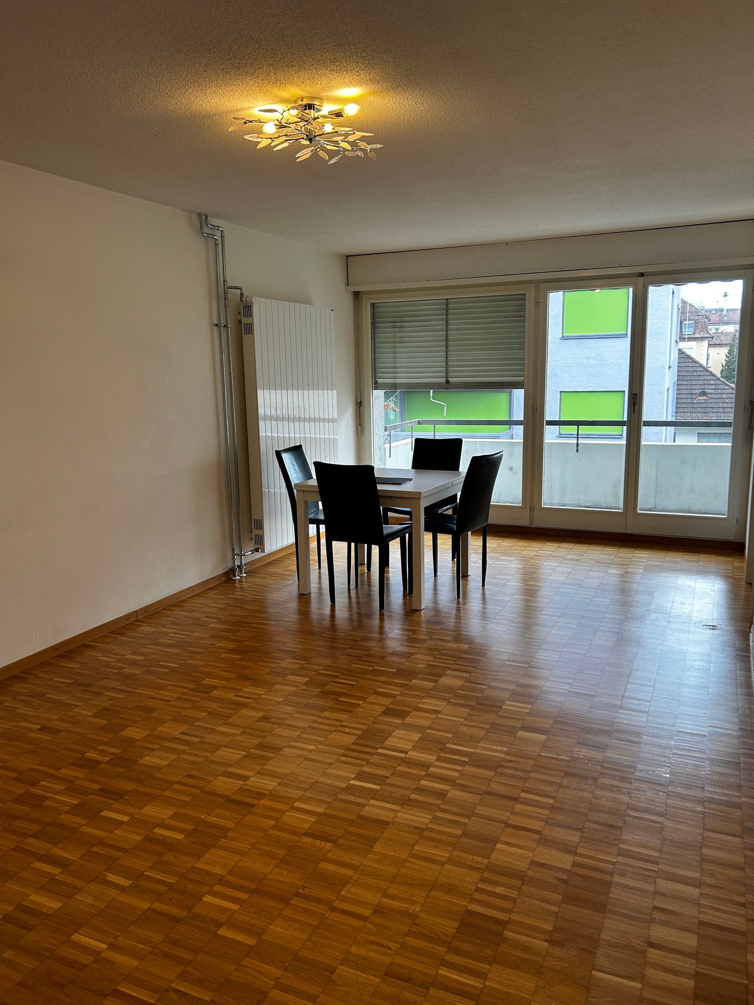 hardwood floor, sliding doors to balcony, table and chairs, radiator