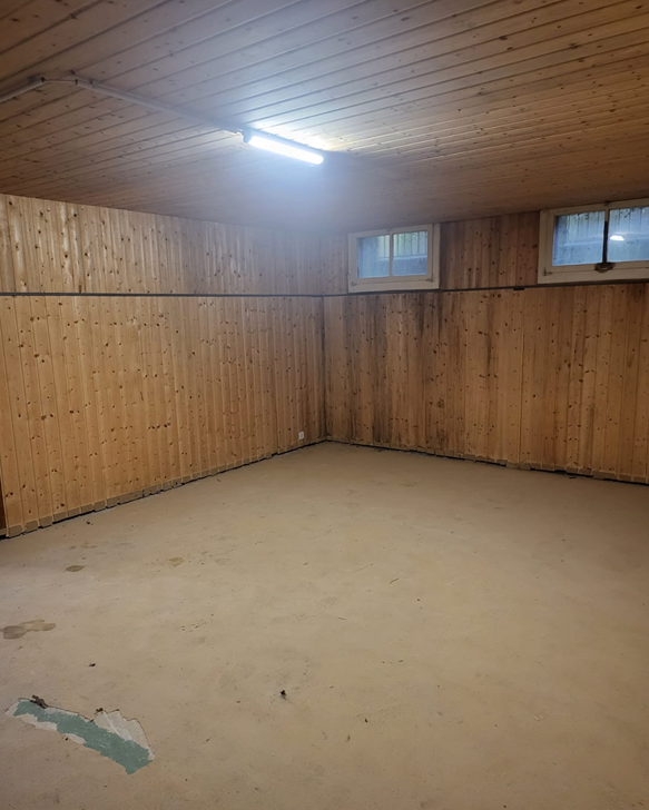 Unfinished basement or storage room with wooden paneled walls, concrete floor, and a single light fixture.
