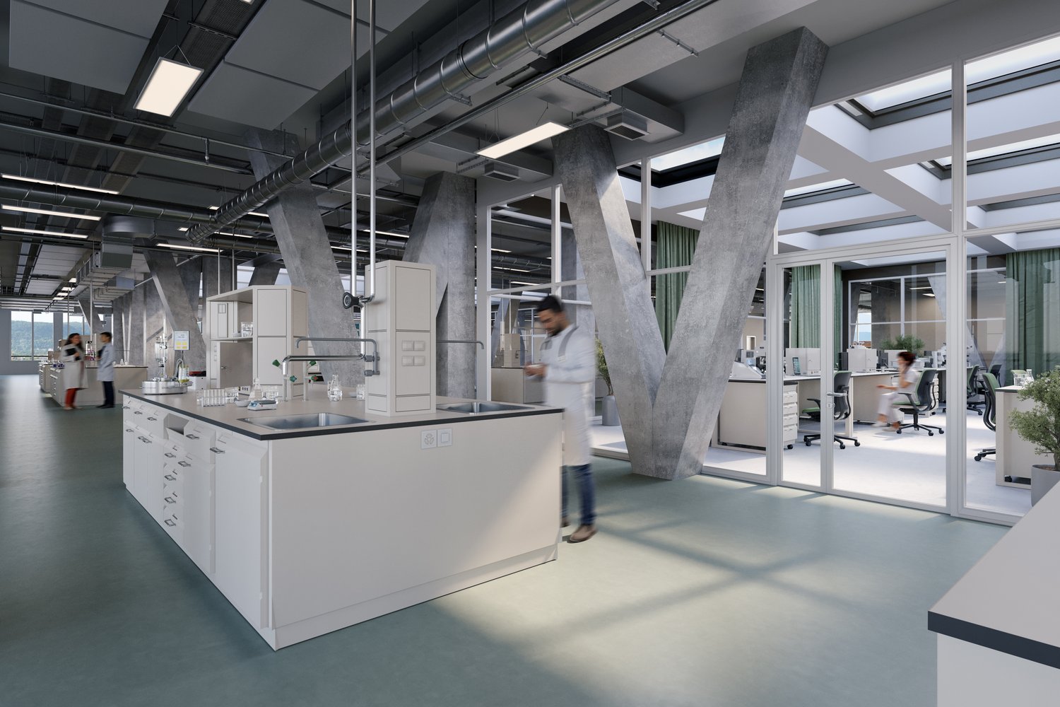 Open space with countertops, sinks, and glass partitions; modern fixtures and equipment.