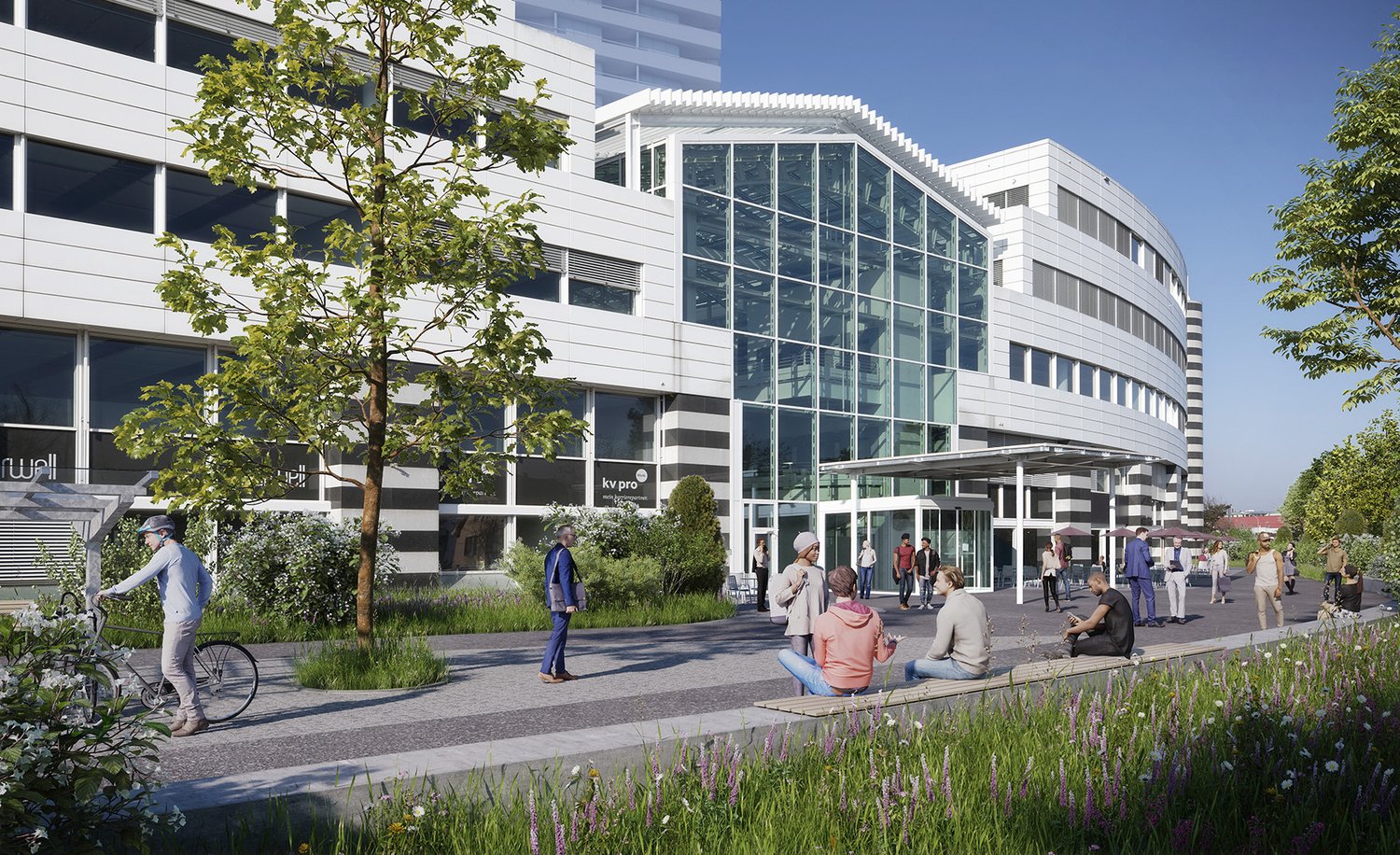 modern office building, glass facade, multiple floors, entrance with canopy, people walking, greenery, bicycle rider