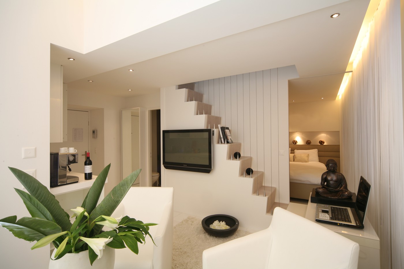 Minimalist interior, white walls, modern design, bed in bedroom, television, small black bowl, laptop, plant in a white pot