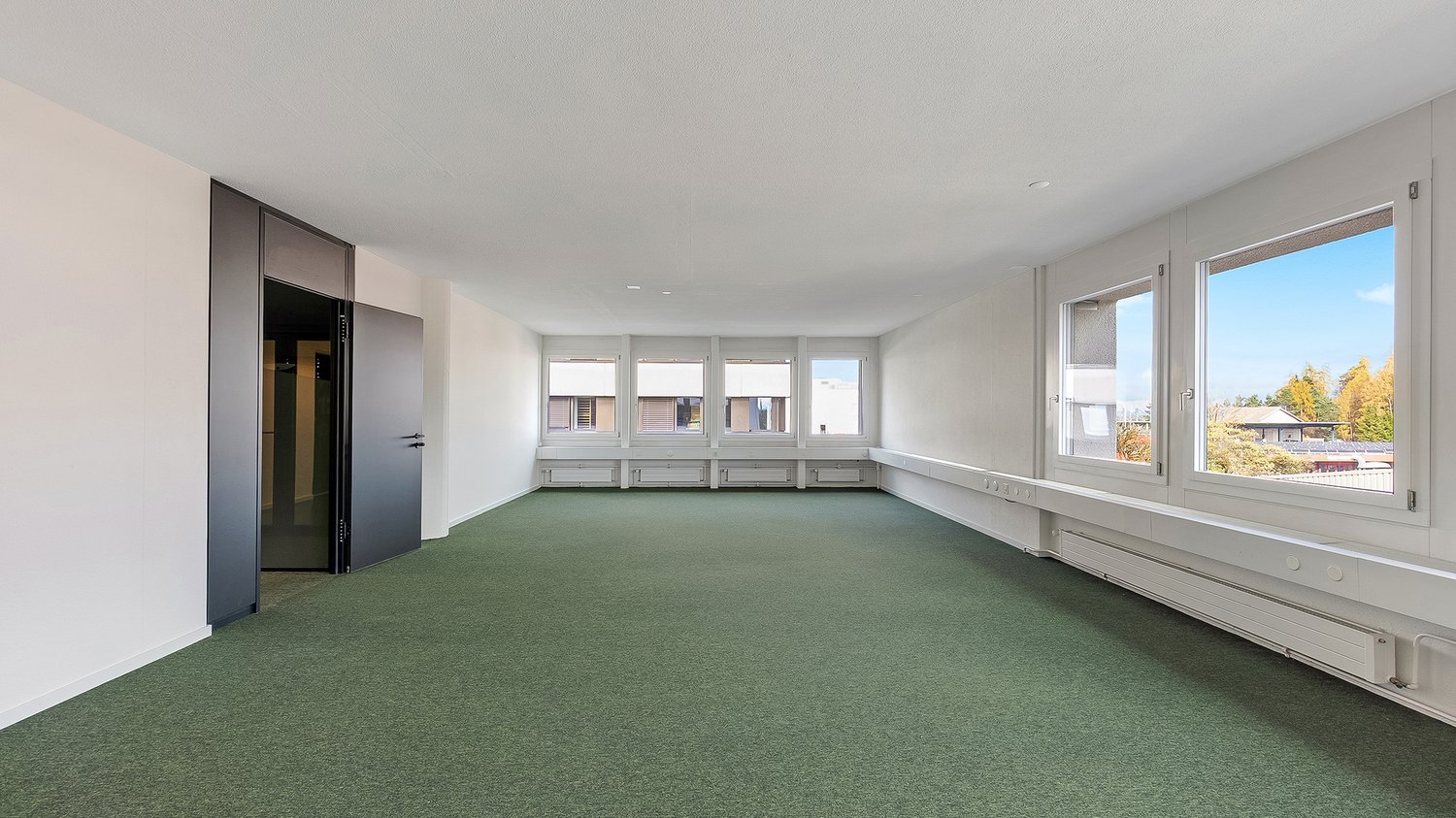 Empty room with a green carpet, large windows, and white walls.