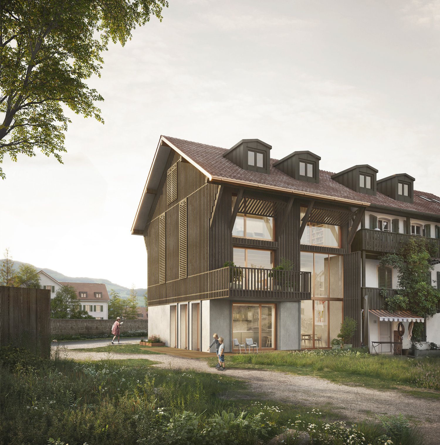 multi-level building, brown shingles roof, wooden facade, multiple large windows, balcony with railings, wooden deck, two children walking in front, tree in the background