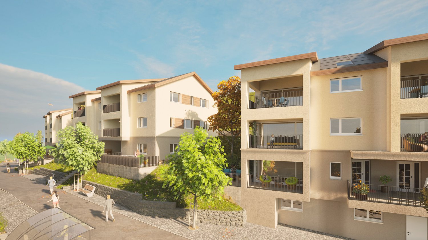Multi-story apartment building with beige exterior, balconies, and trees surrounding the property. The building has a modern, residential design with a mix of windows and balconies.