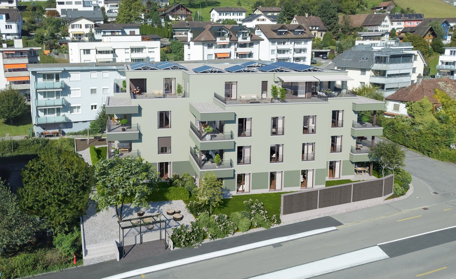 A modern apartment building with multiple floors, solar panels on the roof, balconies, and a garden area.