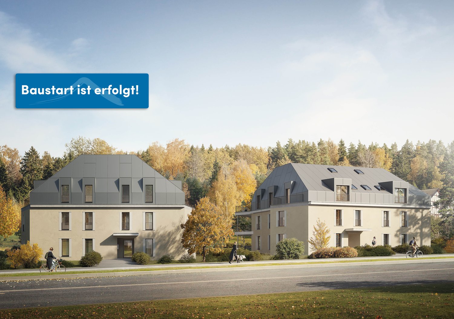 2 story houses, gray roof, white walls, two people on bicycles, two people walking with dogs, small garden, trees