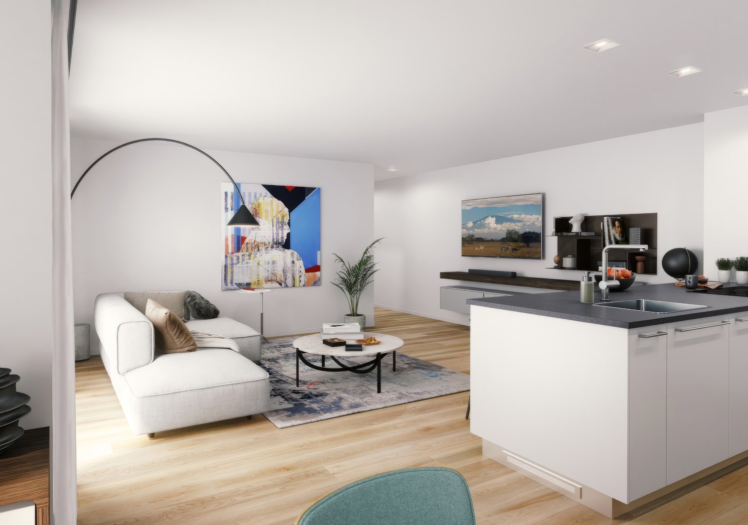 modern living room with white couch, wooden floor, open kitchen with marble countertop, sink, faucet, potted plant, coffee table, lamp, painting, shelves with TV, objects