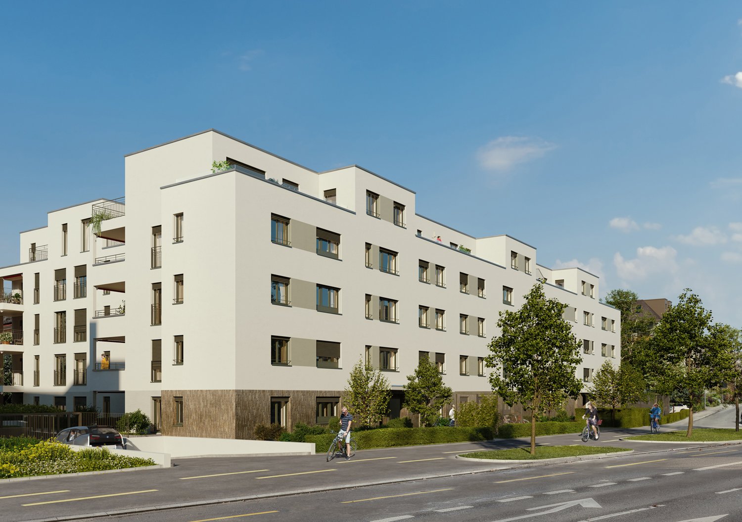 Apartment building, multiple floors, white exterior, balconies, cars parked in front, greenery and trees around, pedestrians walking nearby