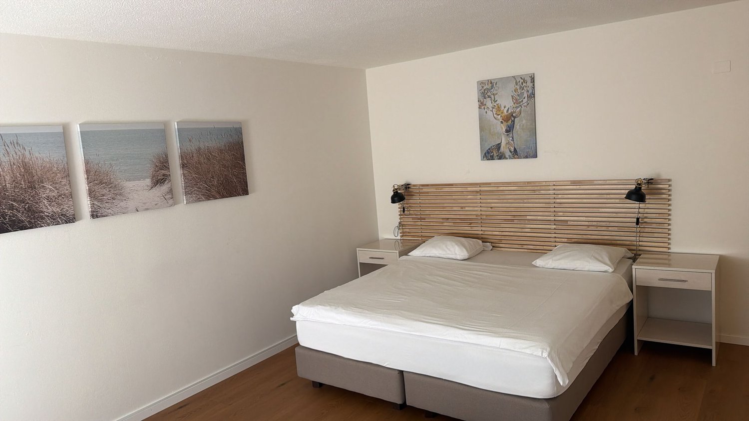 Bedroom with a double bed, two nightstands, and three wall paintings. The bed has white sheets and pillows. The nightstands have drawers and lamps.