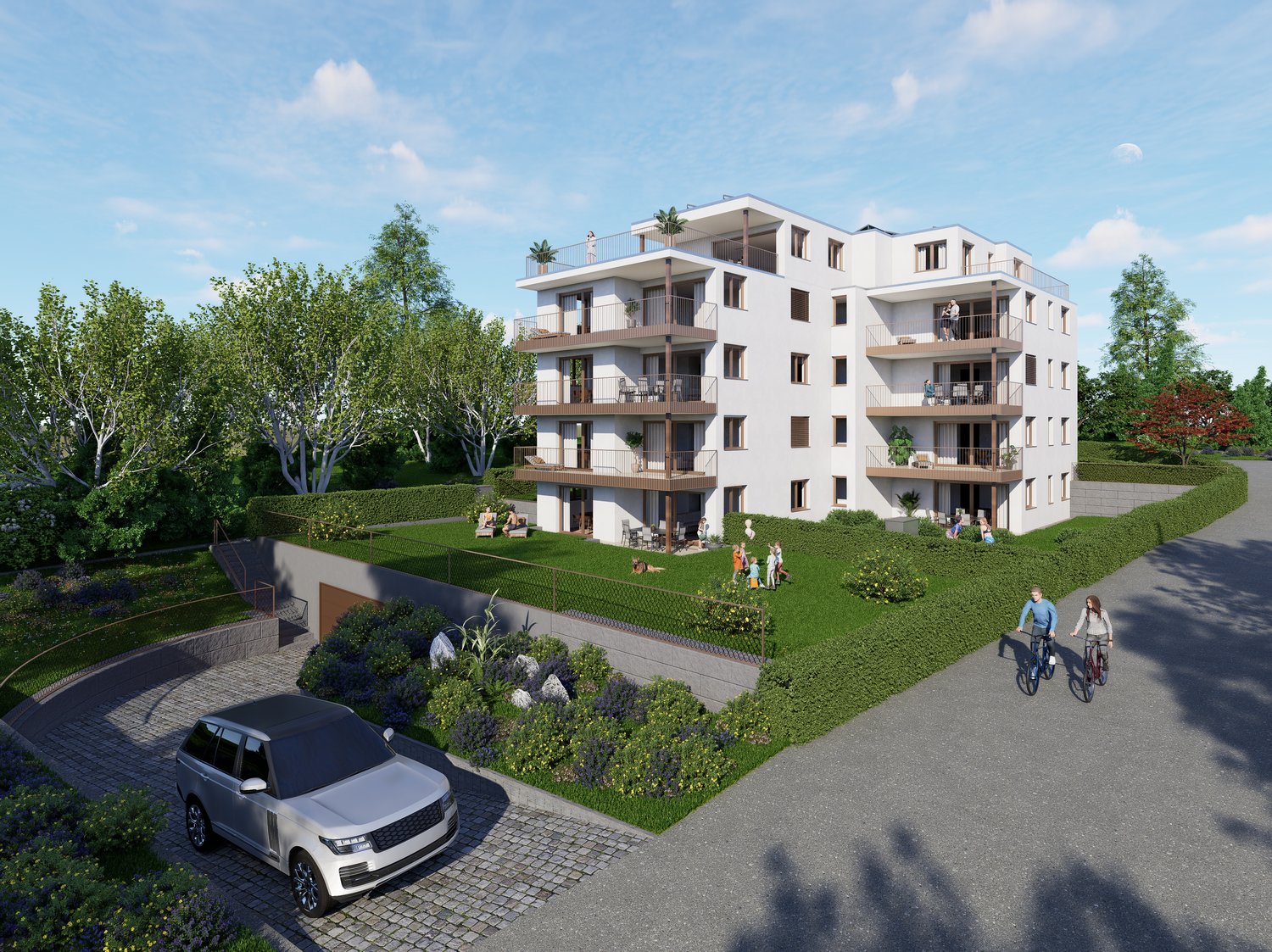 Multi-story apartment building with balconies, surrounded by landscaped gardens and pathways. There is a parking area in the foreground.