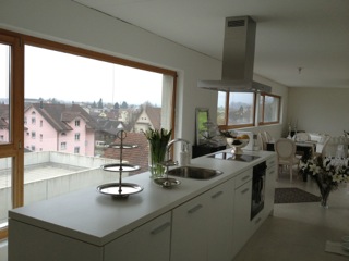 Modern kitchen, white cupboards, two sinks, central island, kitchen stove, extractor, large window with panoramic view