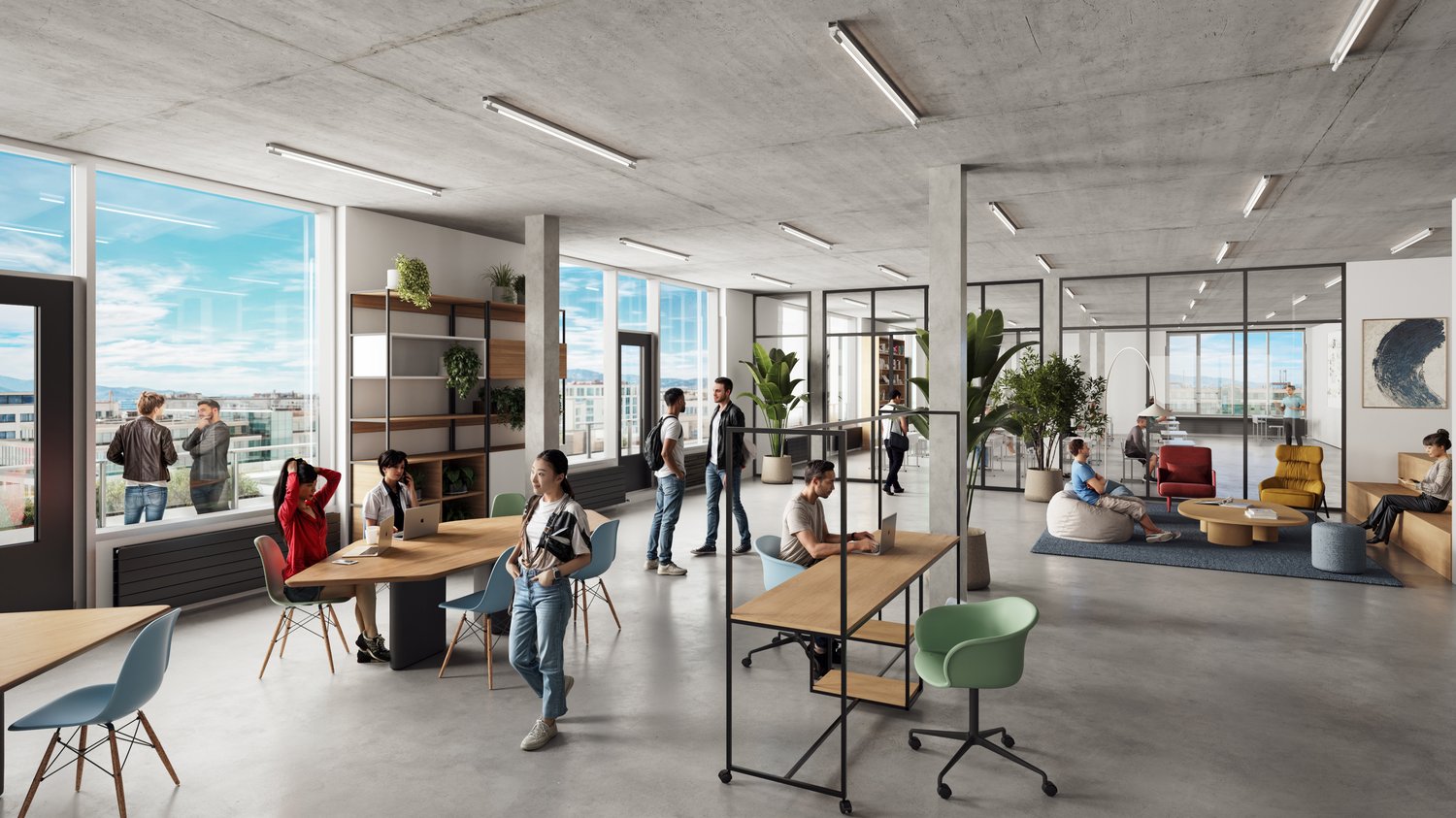 Large open-plan office space with concrete ceiling, floor-to-ceiling windows providing a view, various seating areas including tables, chairs, and lounge furniture, shelving units, and potted plants throughout the space.