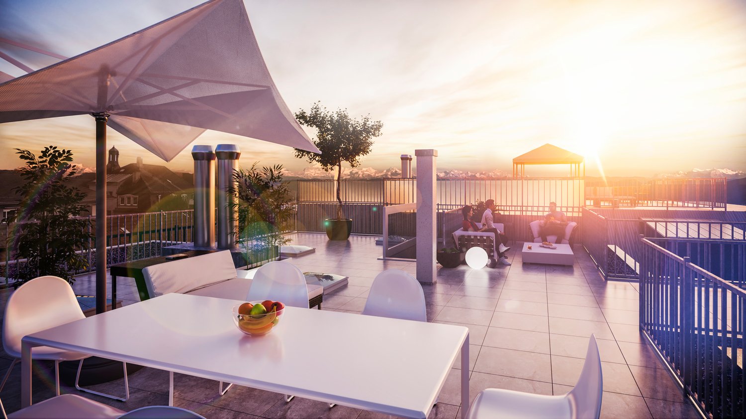 Roof terrace with people sitting, tables, chairs, plants, fruits, sunset view