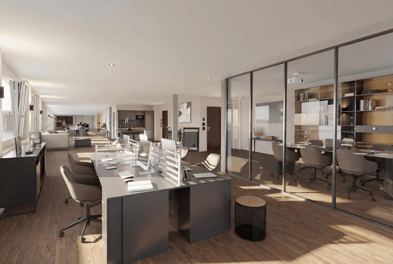 modern office with glass walls, wooden floor, long desk, office chairs, monitors, cabinets, shelves, projector