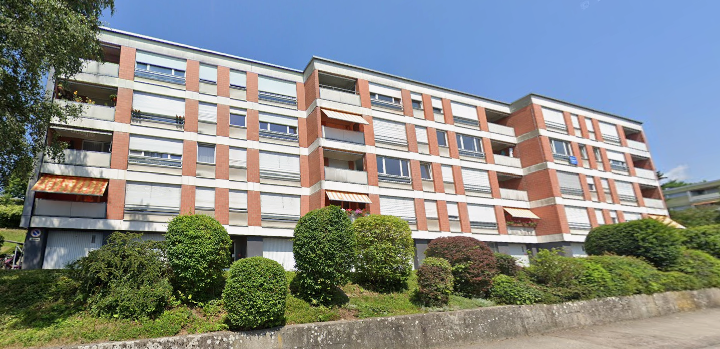 5 story apartment building, brick and white, balcony, terrace, garden, bushes