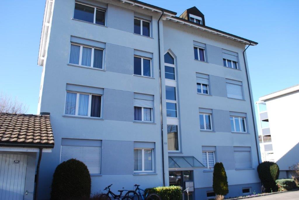 apartment building, white exterior, brown roof, multiple windows, glass door, garage