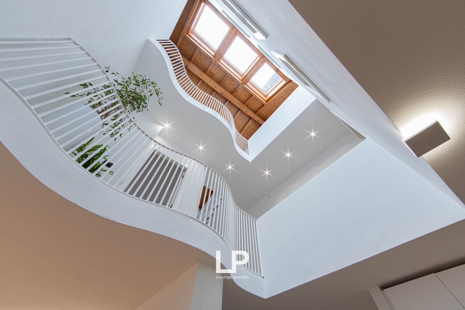 curved staircase, white railings, wooden ceiling, skylights, plants