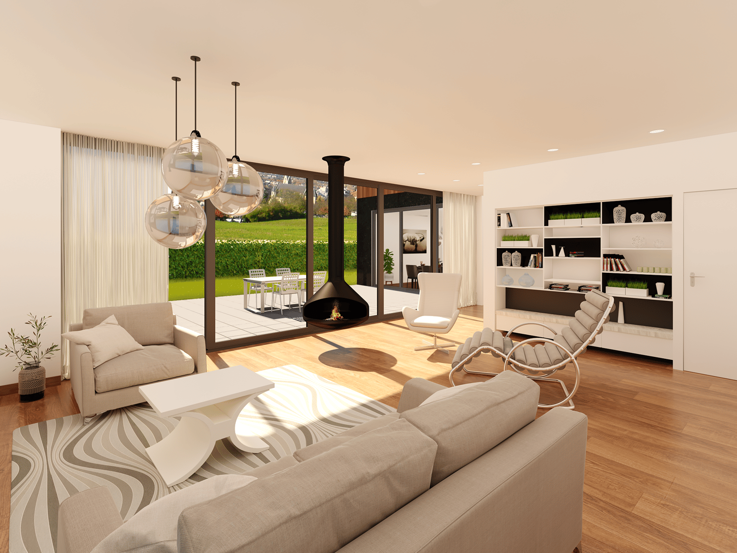 Spacious living room with large windows overlooking a grassy outdoor area, modern fireplace, hardwood floors, neutral-colored sofas and chairs, pendant lighting fixtures, and built-in shelving unit with decorative elements