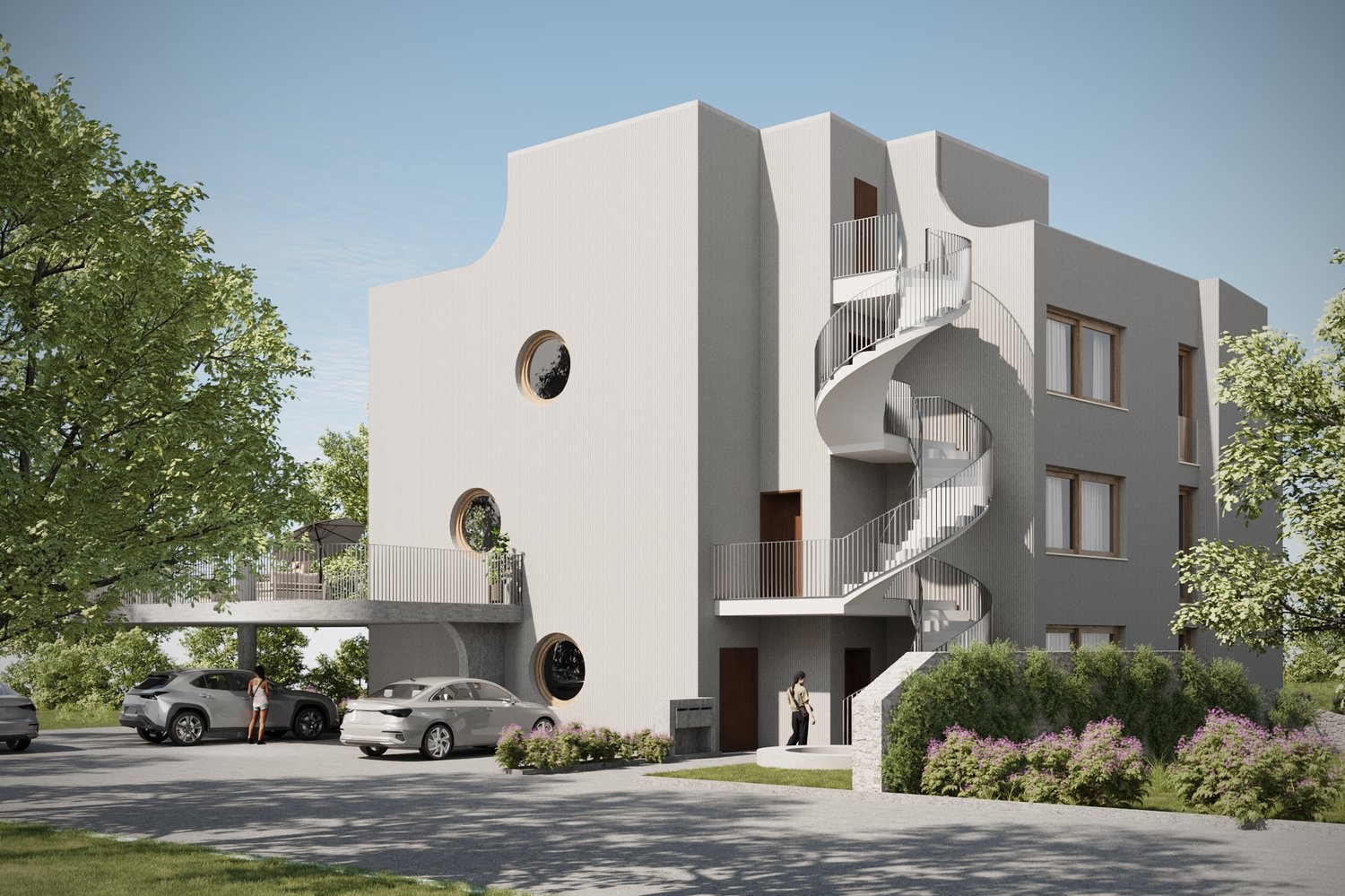 3-story modern apartment building with white exterior, circular windows, balconies, and a parking area in front