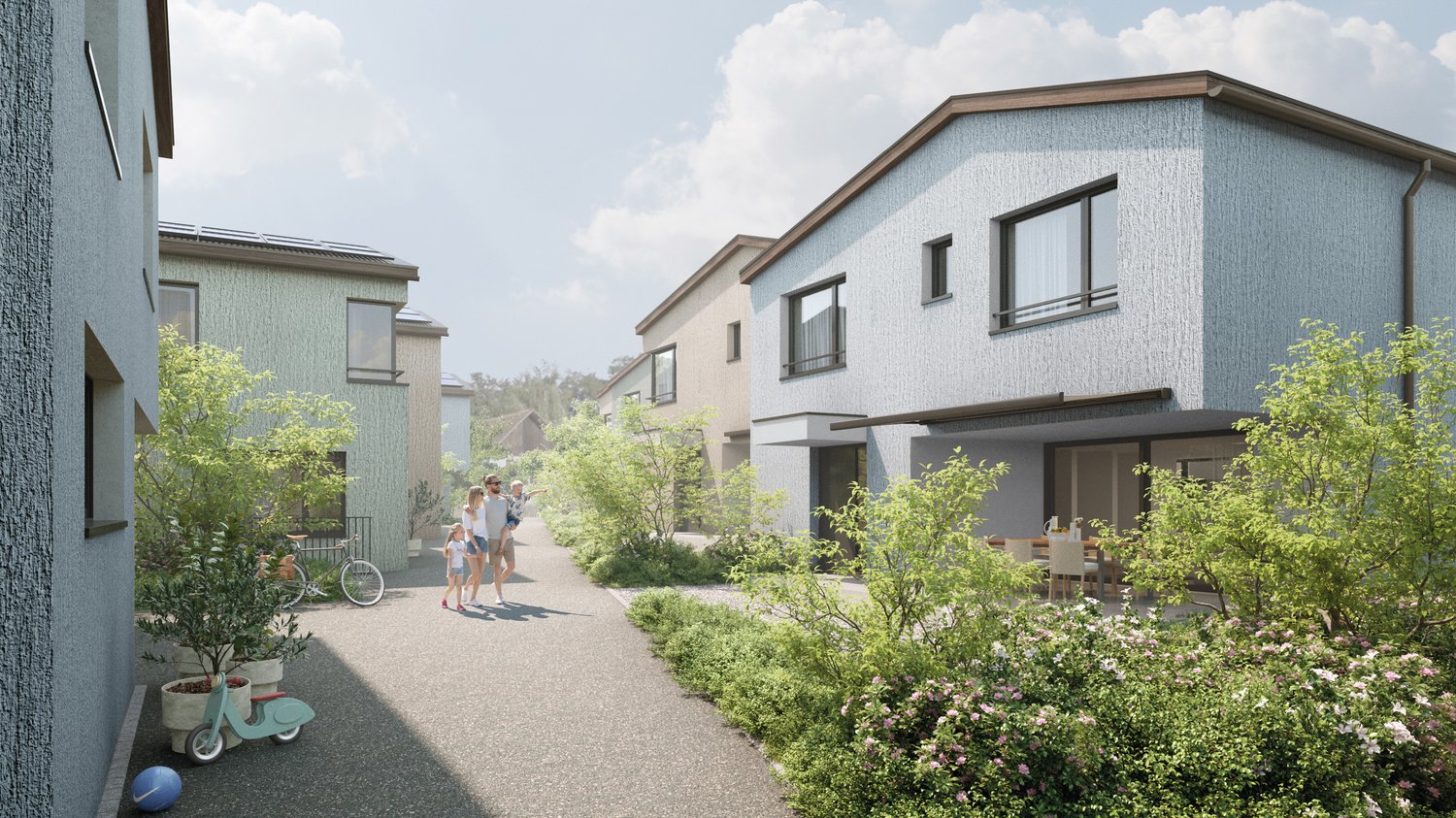 Modern houses in a quiet neighborhood with a walkway, solar panels, small garden, and outdoor seating area