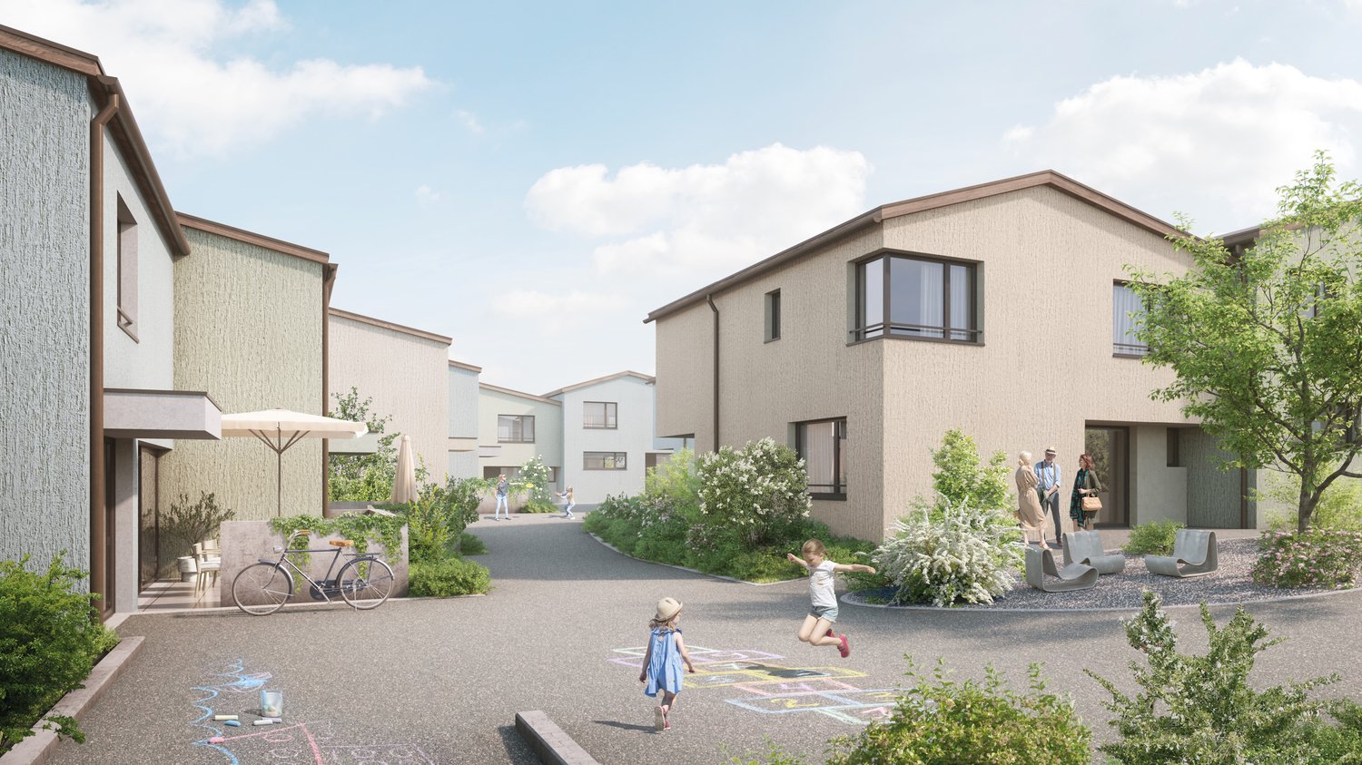 Multiple houses, paved street, children playing hopscotch, trees and plants, bicycles, street lamps