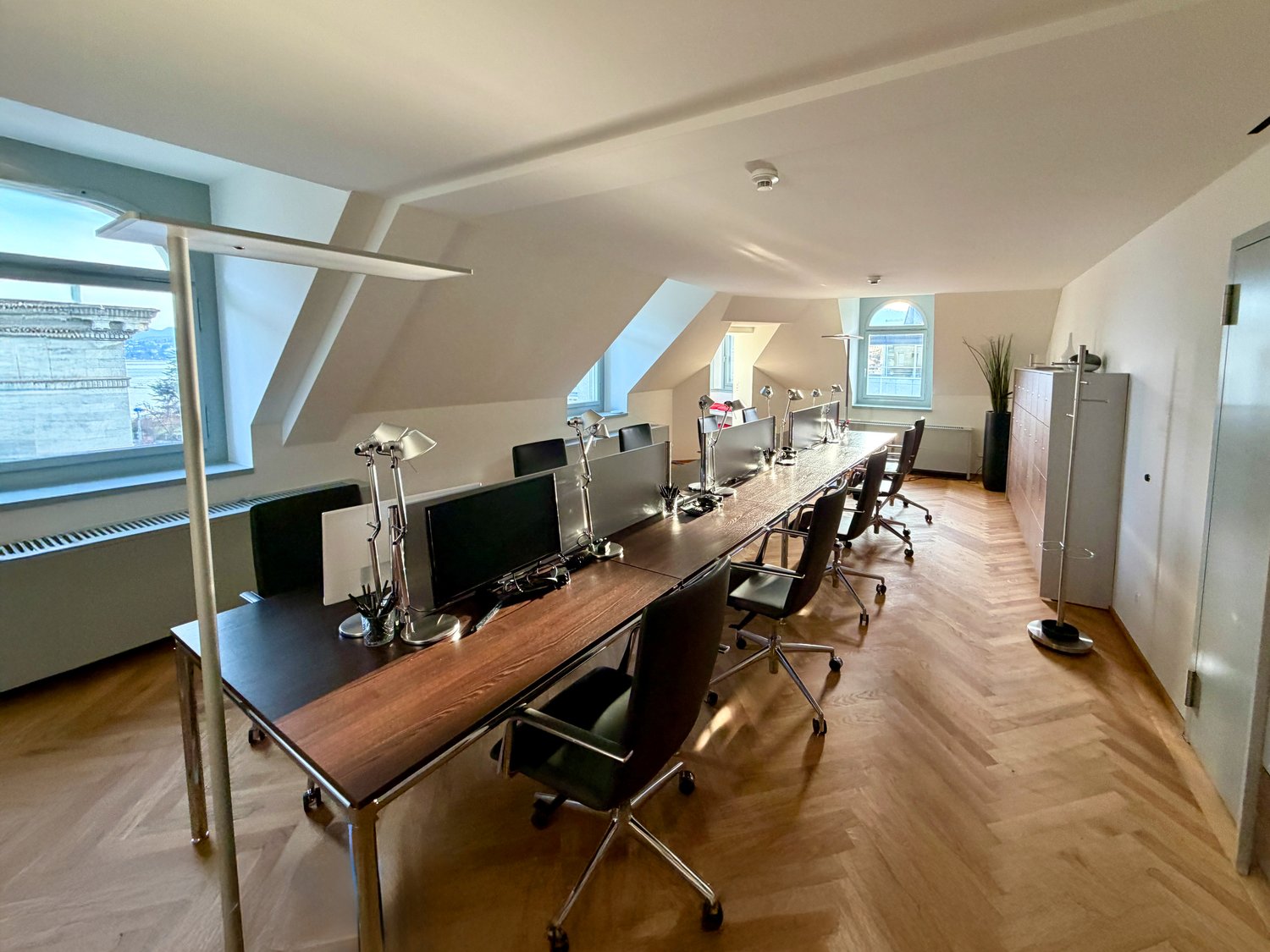 Long desk with multiple computer monitors, office chairs, lamps, wooden floor, white walls, windows, radiators, potted plant