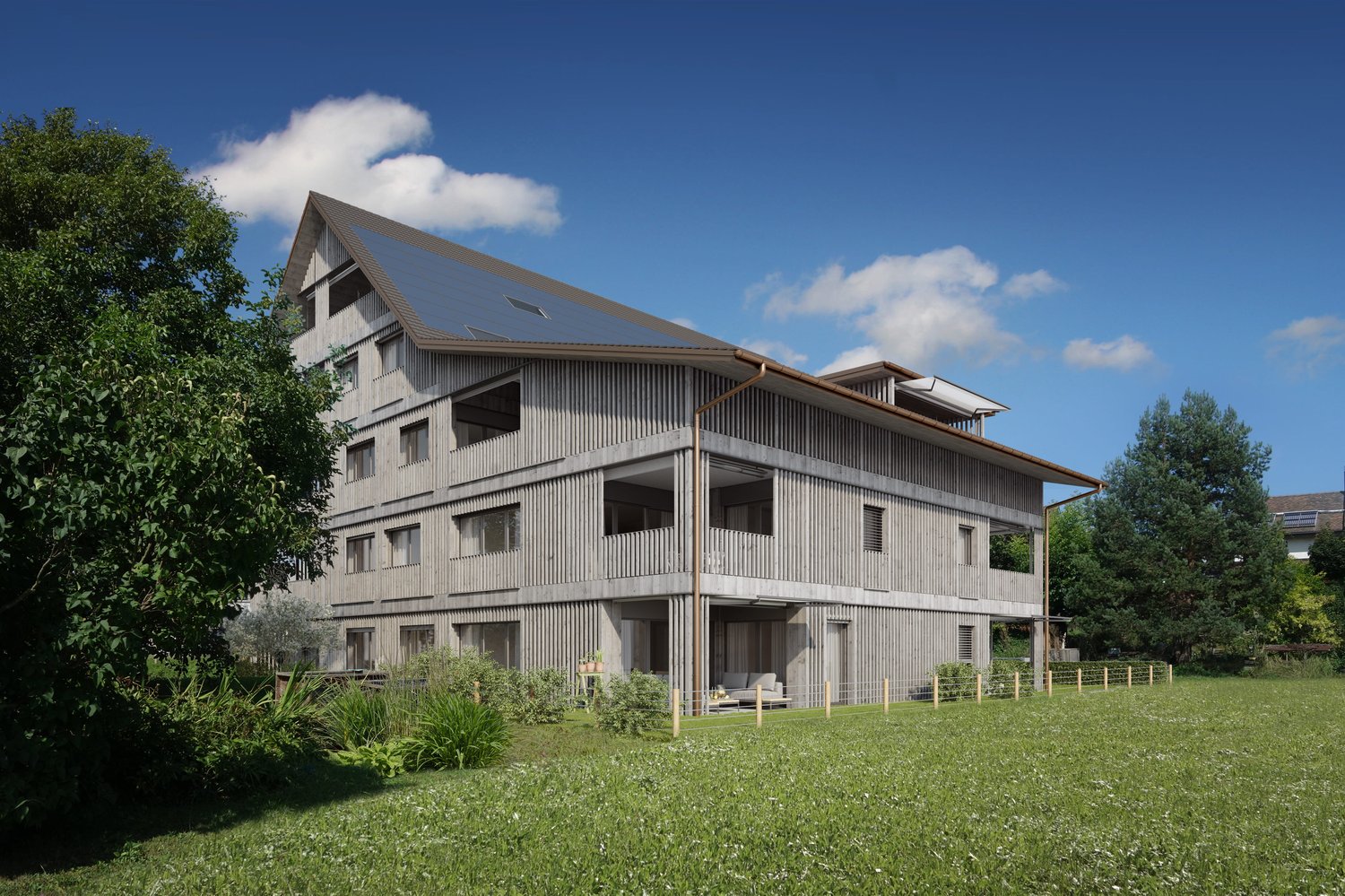 3 story house, large windows, solar panels, balcony, wooden exterior