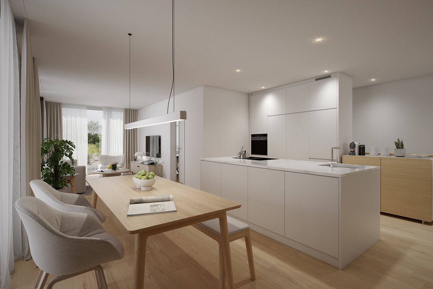 modern kitchen, wooden dining table, wooden floor, pendant lamps, large windows