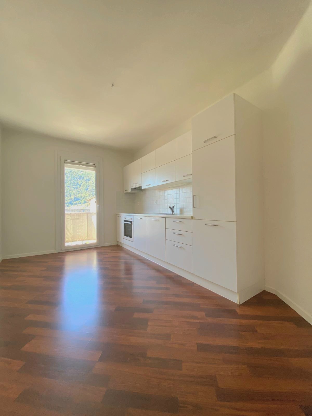 Modern minimalist kitchen, glass door to balcony, white cabinets, wooden floor, built-in appliances