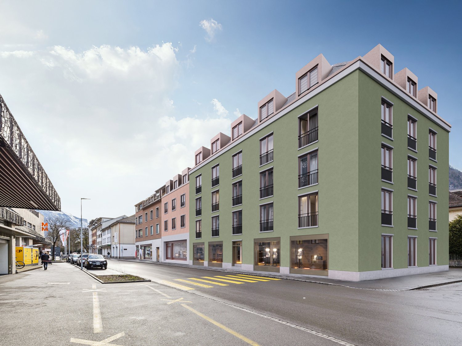 multi-story building, large windows, balconies, street shops, urban setting