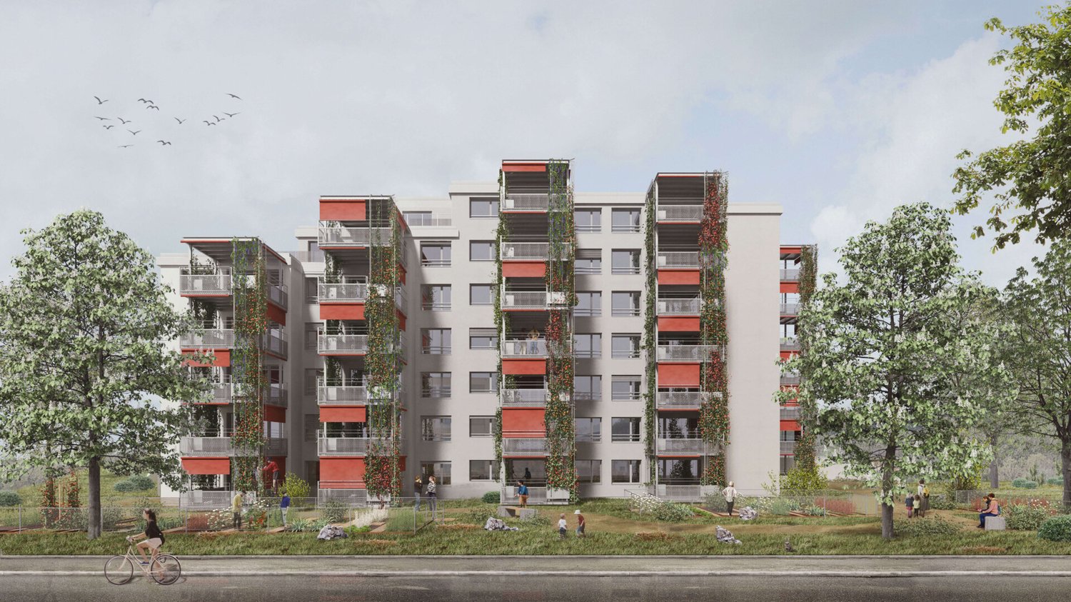 large residential building with multiple floors, several balconies and terraces, red accents, central garden, surrounded by trees