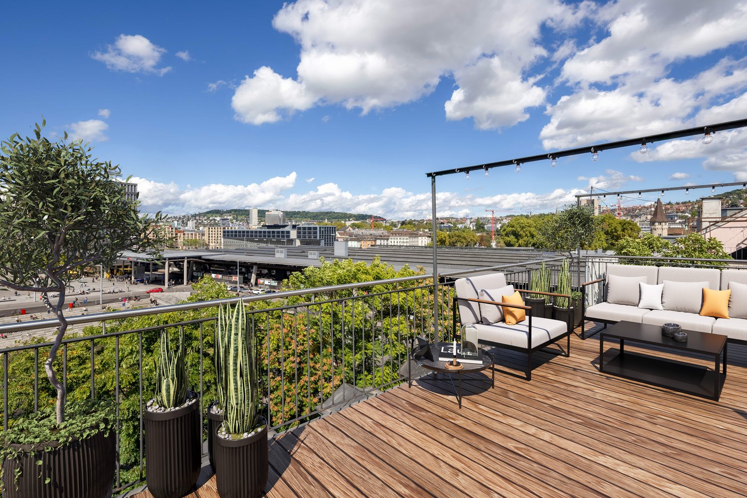 Wooden terrace with metal railings, modern outdoor furniture, string lights, multiple potted plants, view of city