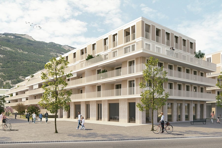 Multi-story residential building, balconies on each floor, modern architecture, several pedestrians walking