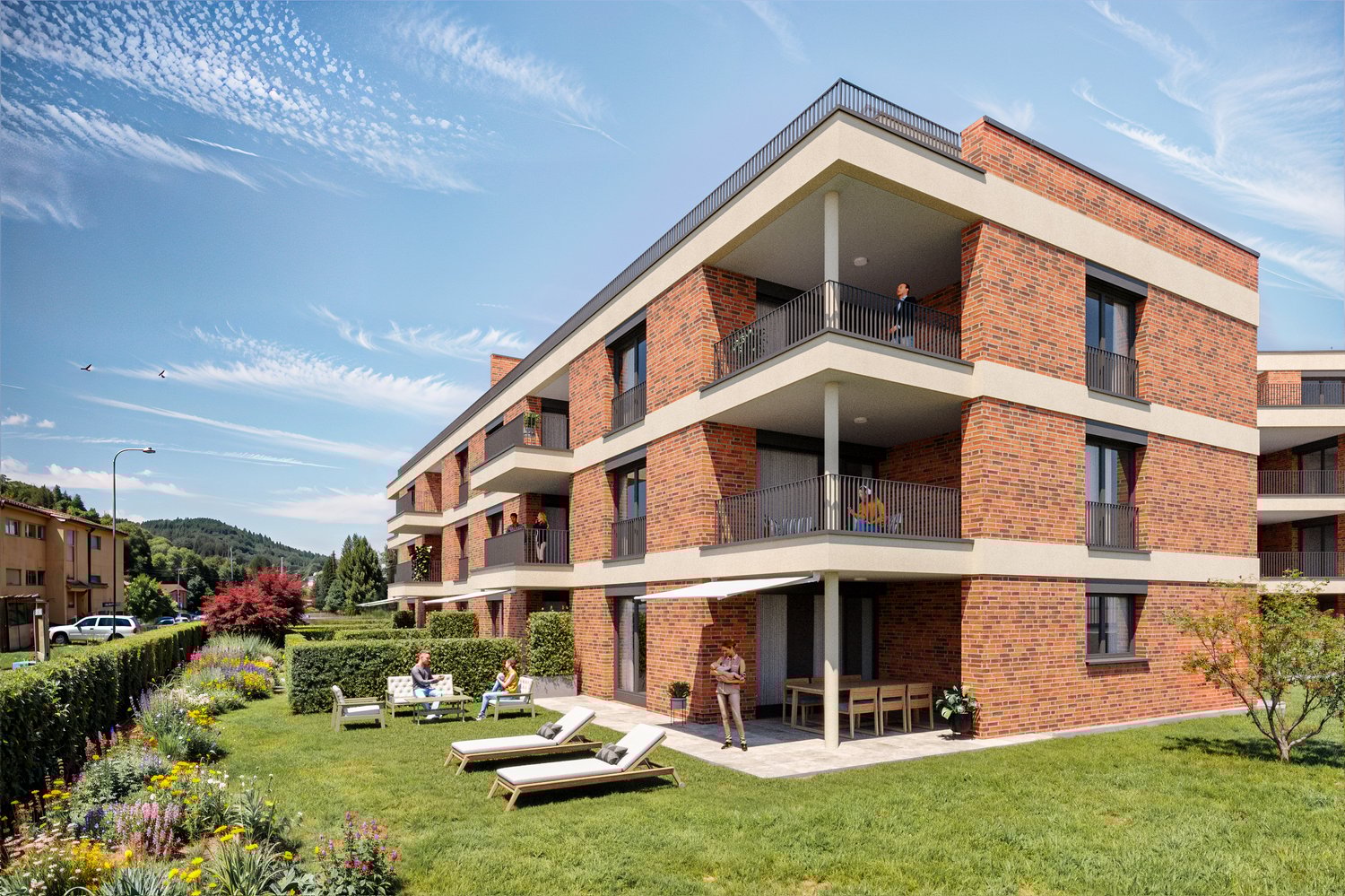 Red brick building, multi-story, several balconies, garden with flowers and lounge chairs, pathways, trees