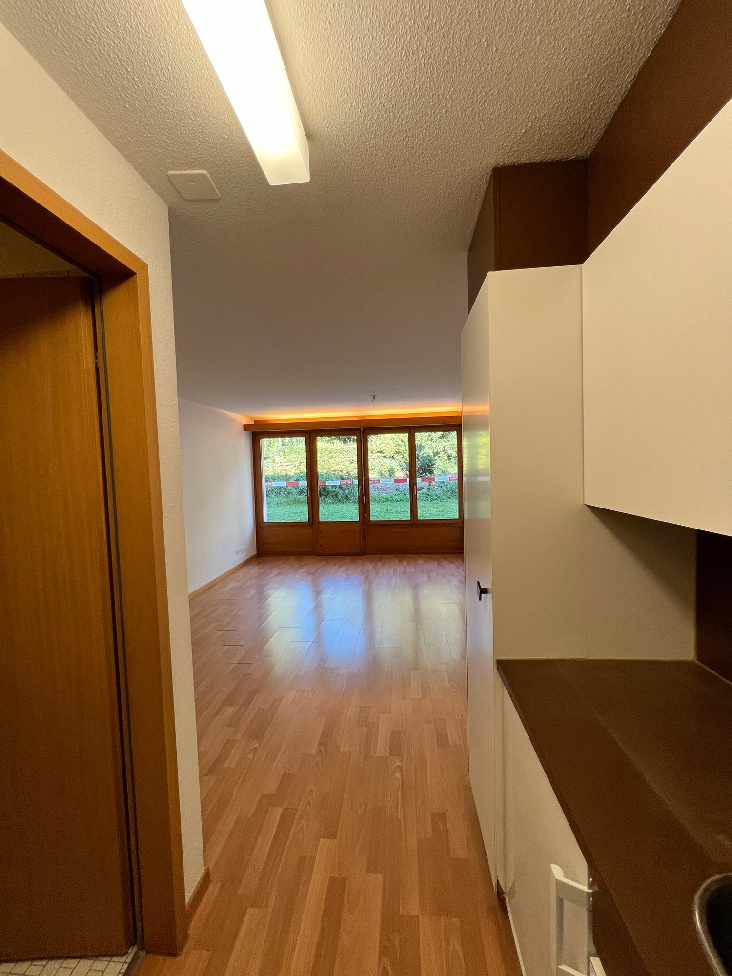 empty room with wooden floors, white walls, large windows with doors leading to a grassy view outside, kitchen area with cabinets