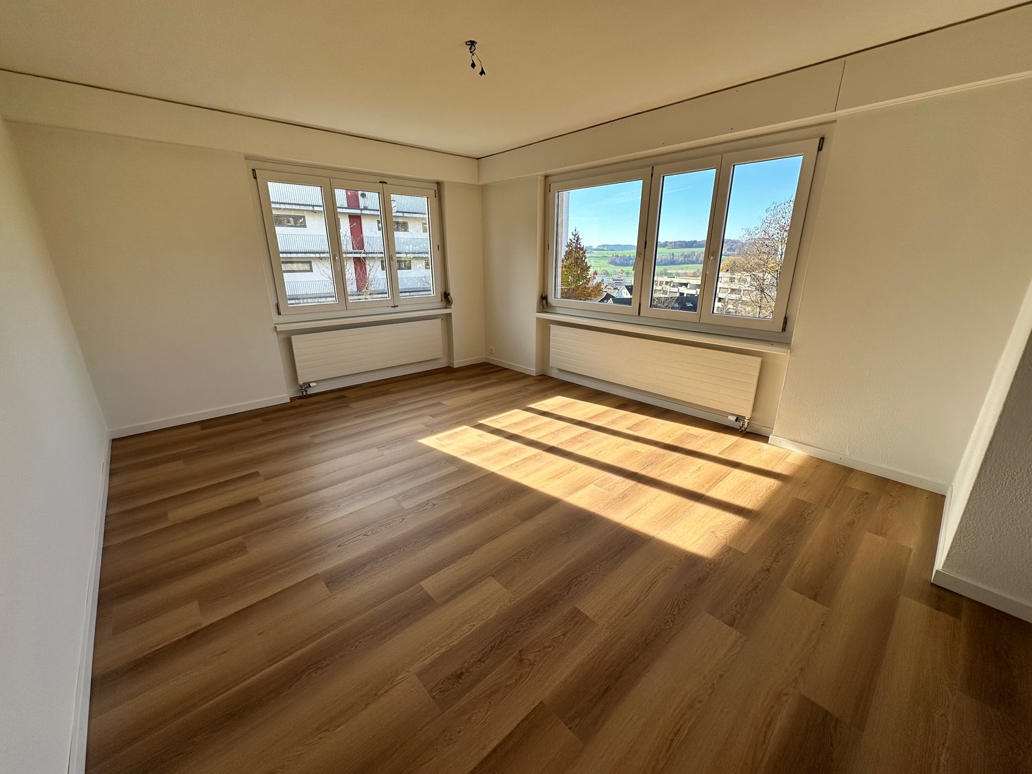 Empty room with wooden floor, white walls, two windows, and sun rays