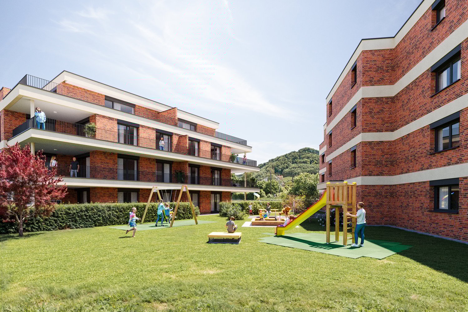 Children's playground, artificial grass, swing set, slide, and people walking in front of the buildings