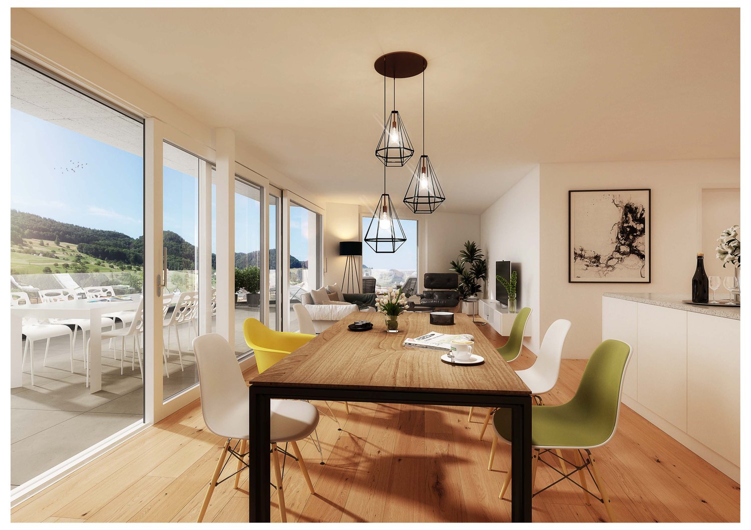 large windows, glass door leading to terrace, wooden dining table, modern chairs, large hanging lamps, framed picture on wall