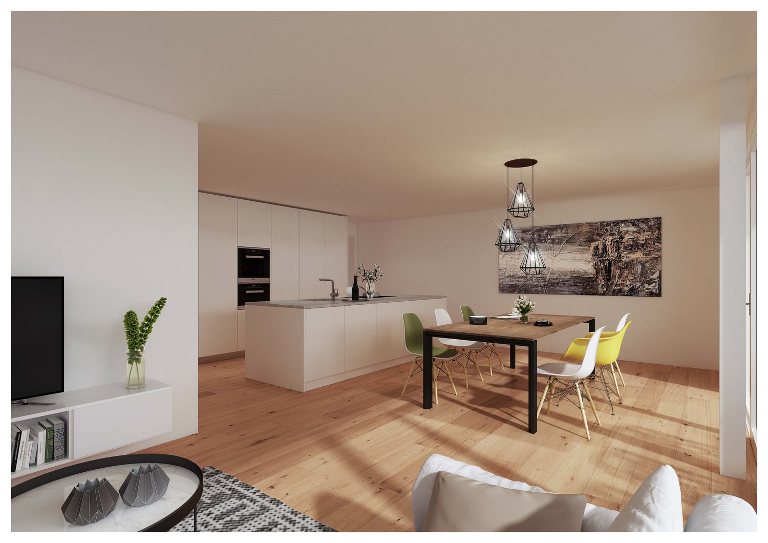 open-plan kitchen and living room, island with stove and sink, dining table with chairs, TV, wooden floor, white walls, pendant lights