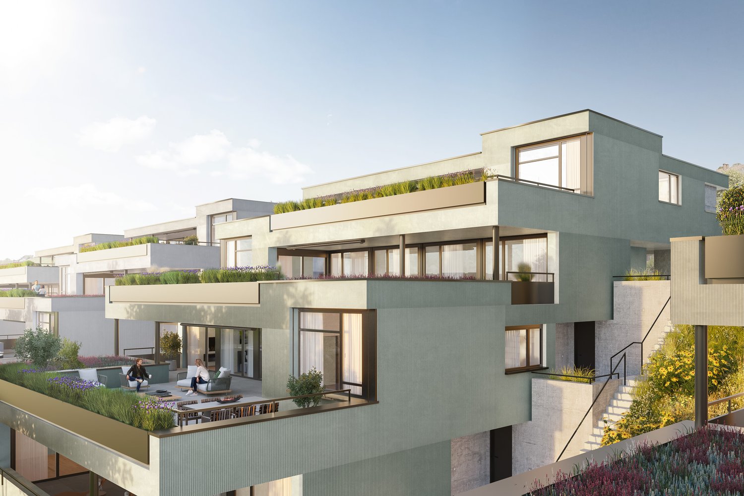 Green rooftops, multiple balconies, glass windows, modern architecture