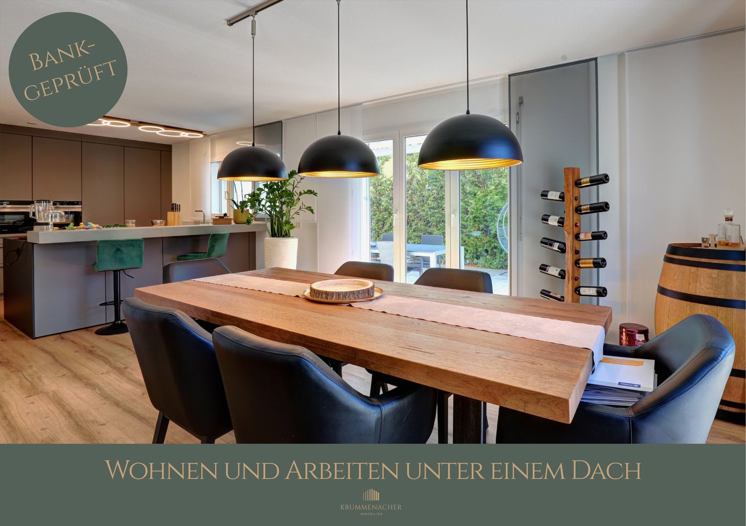 Dining room, large wooden table, modern black leather chairs, black pendant lights, kitchen island, wine rack, window, French doors to terrace
