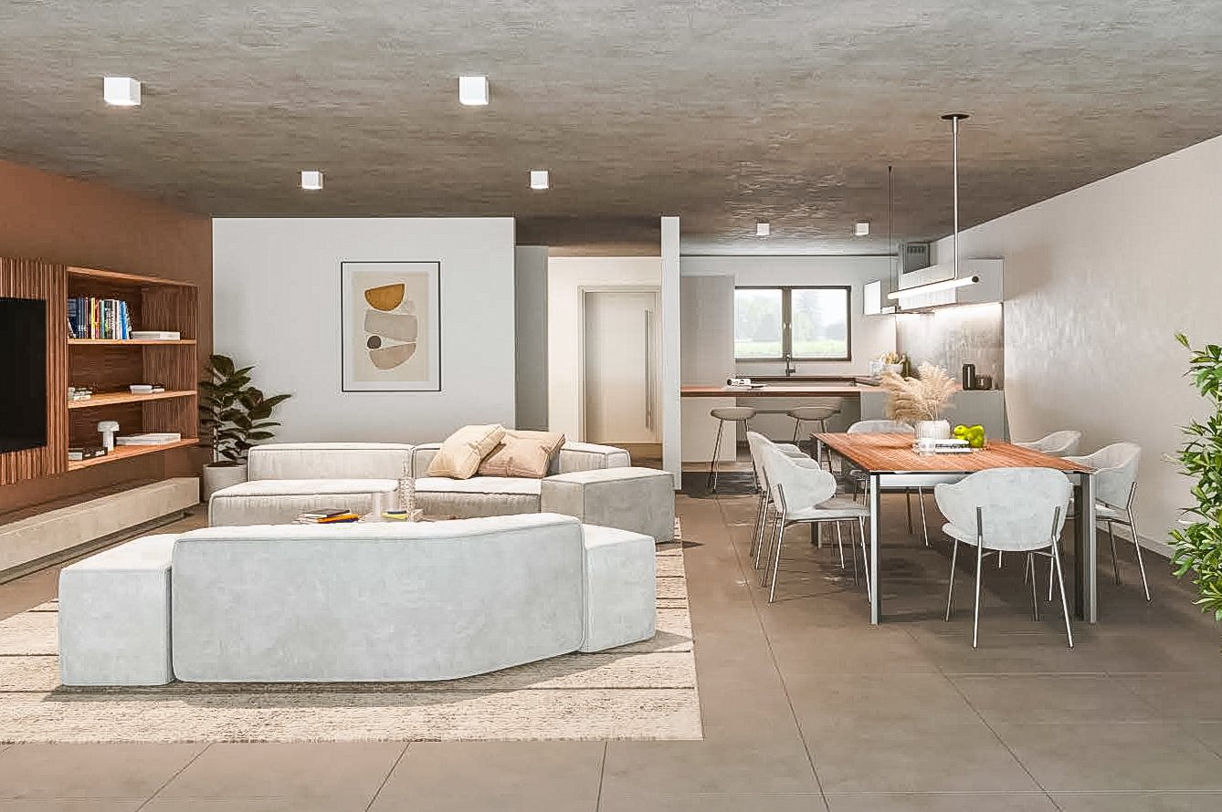 Contemporary design with clean lines, white couches and chairs, large rug, wooden dining table, built-in bookshelves, large TV, white walls, modern lighting.